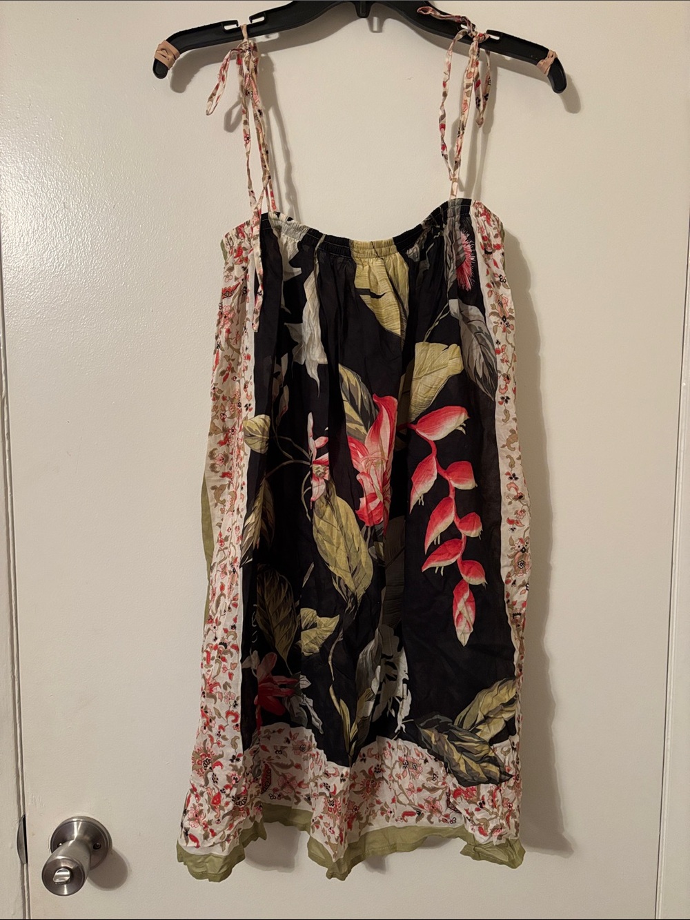 Tommy Bahama Black Floral Tie-Shoulder Sundress with Red and Green Accents